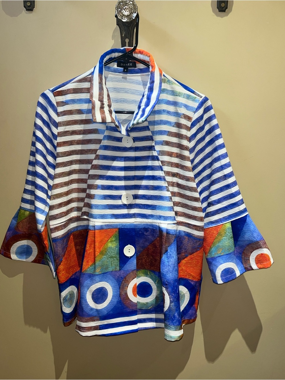 Damee New York Art To Wear Abstract Striped Button Front Blouse Jacket Small